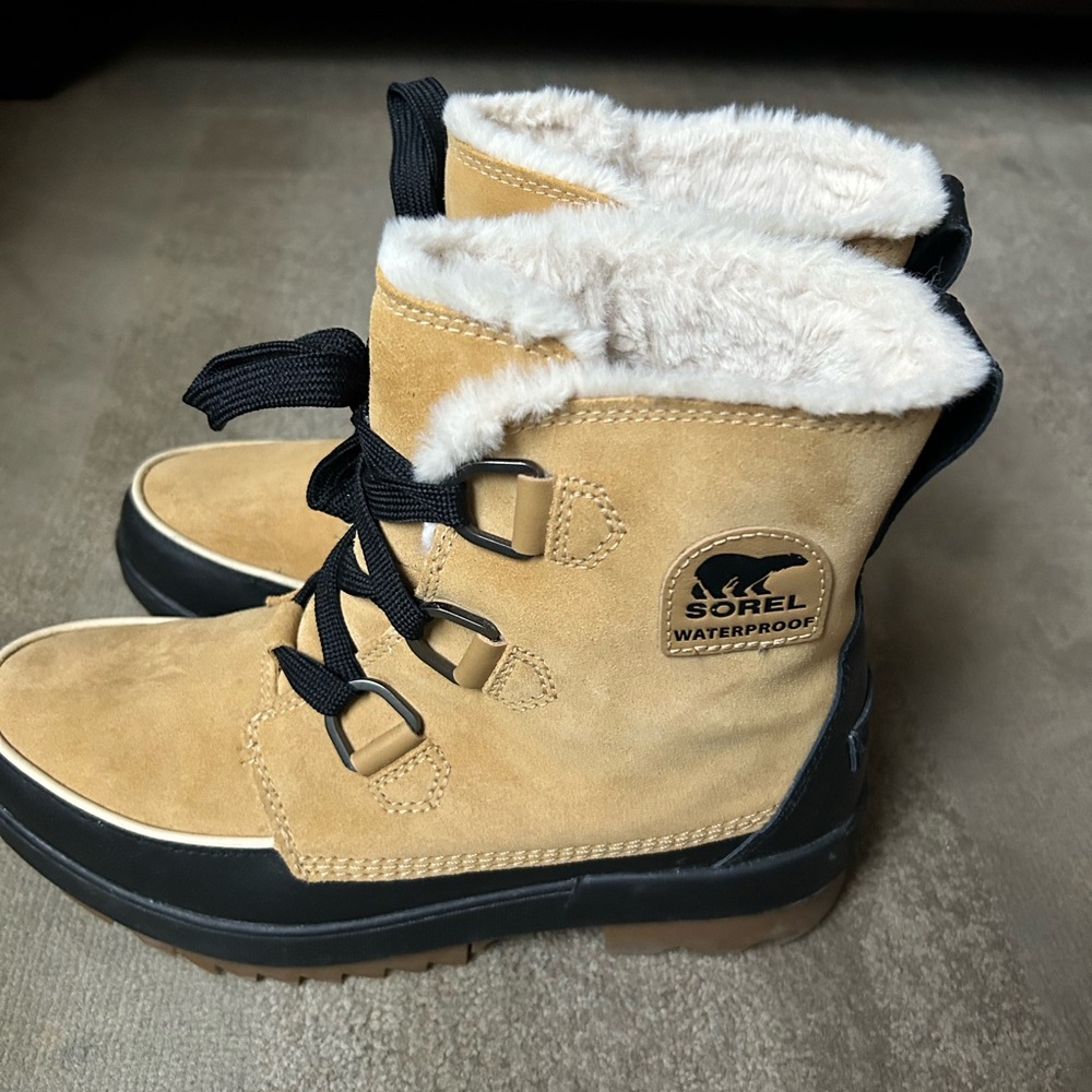 Tan and Black Sorel Fur-Lined Boots